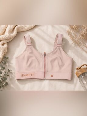 SHEFIT Ultimate Sports Bra Blush Pink Front Zip Adjustable High Impact